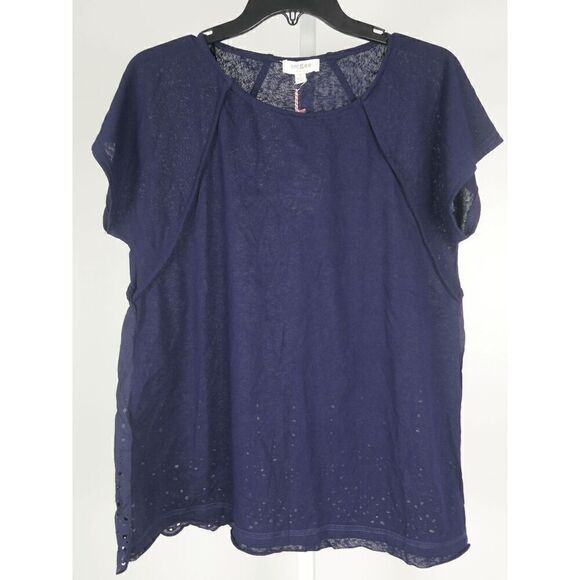Umgee Linen Blend Back Lace Detail Round Neck Short Sleeve Top with Ruffle Hem S - Picture 2 of 8